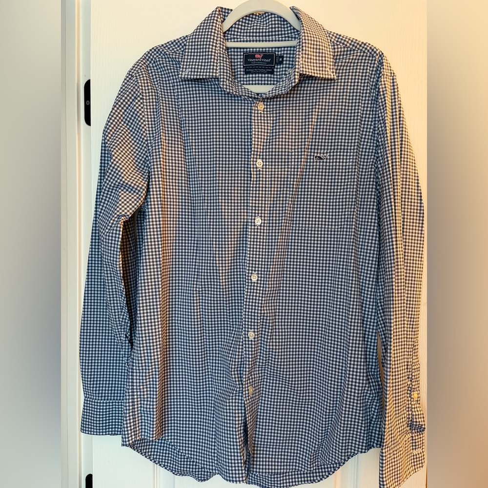 VV 🐳 Checkered Classic Fit Navy Tucker Performance Button Up